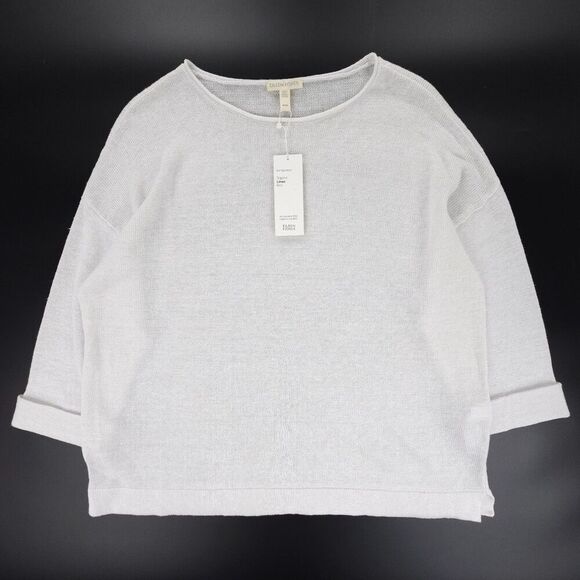 NWT Eileen Fisher Organic Linen Round Neck Knit Sweater White Minimal Lagenlook - Picture 1 of 8